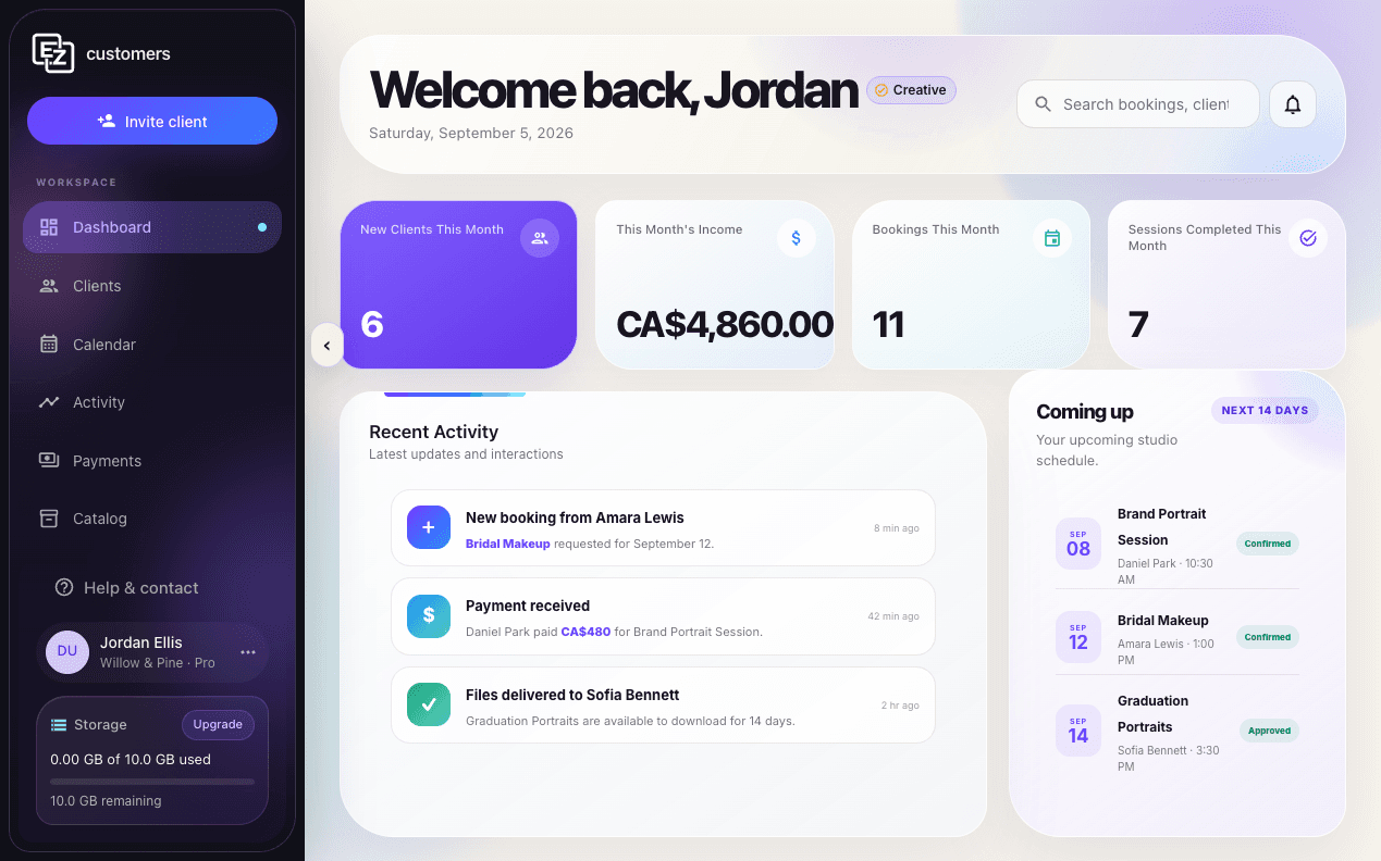 Illustrative EZ Customers dashboard with fictional bookings, payments, and recent client activity